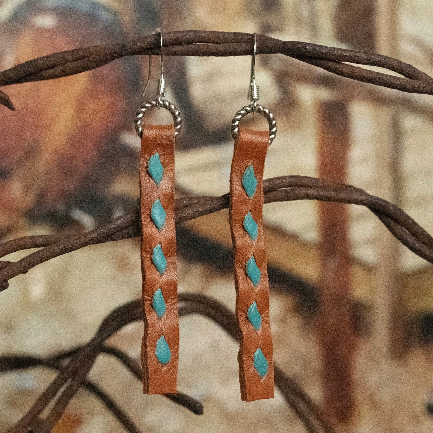 Buckstitch Earrings- 2.5” Saddle Tan & Turquoise