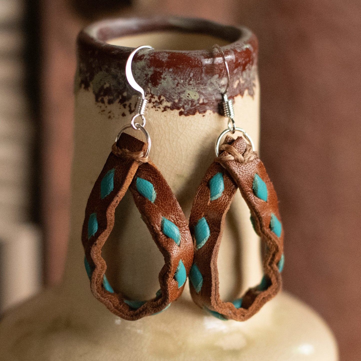 Buckstitch Mini Hoops - Saddle Tan & Turquoise