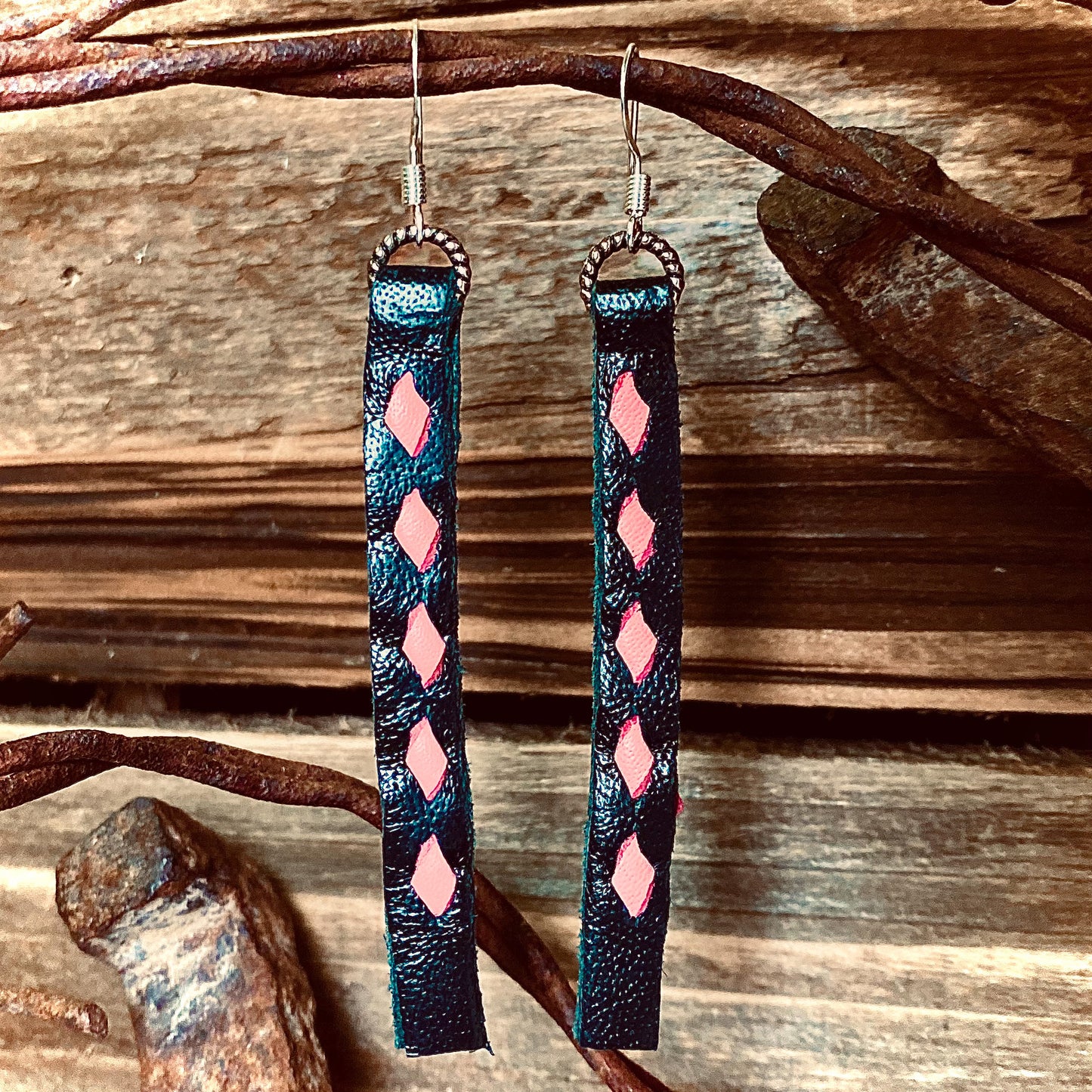 Buckstitch Earrings- 2.5” Black & Pink