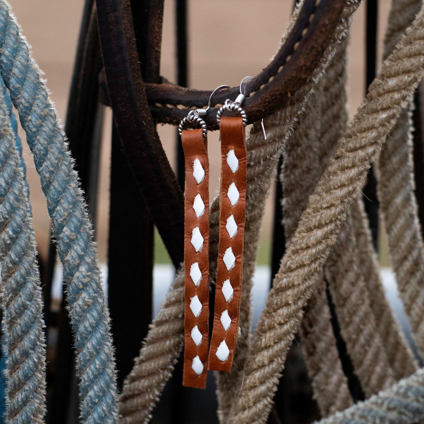 Buckstitch Earrings- 3.5” Saddle Tan & White