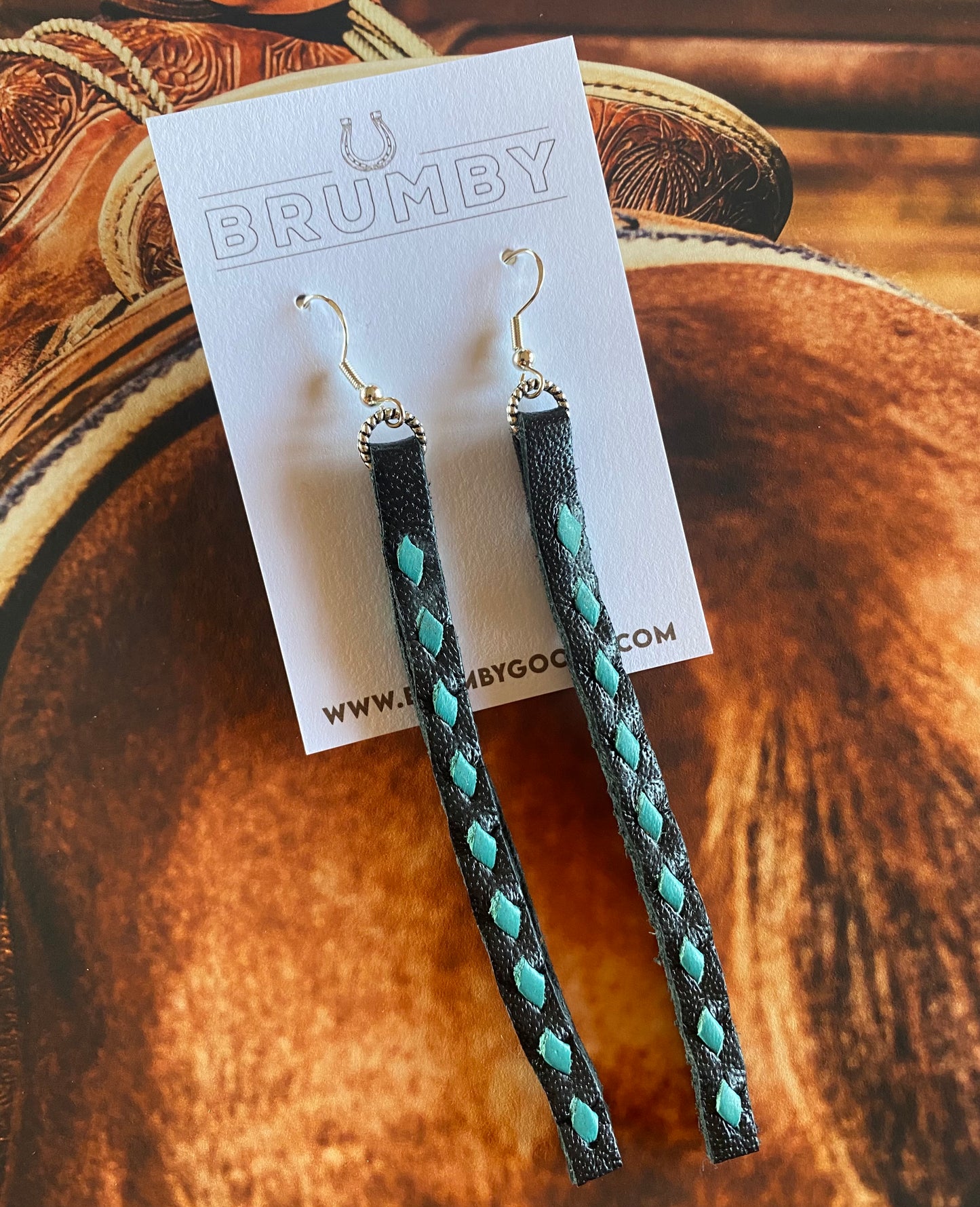 Buckstitch Earrings- Long Black & Turquoise