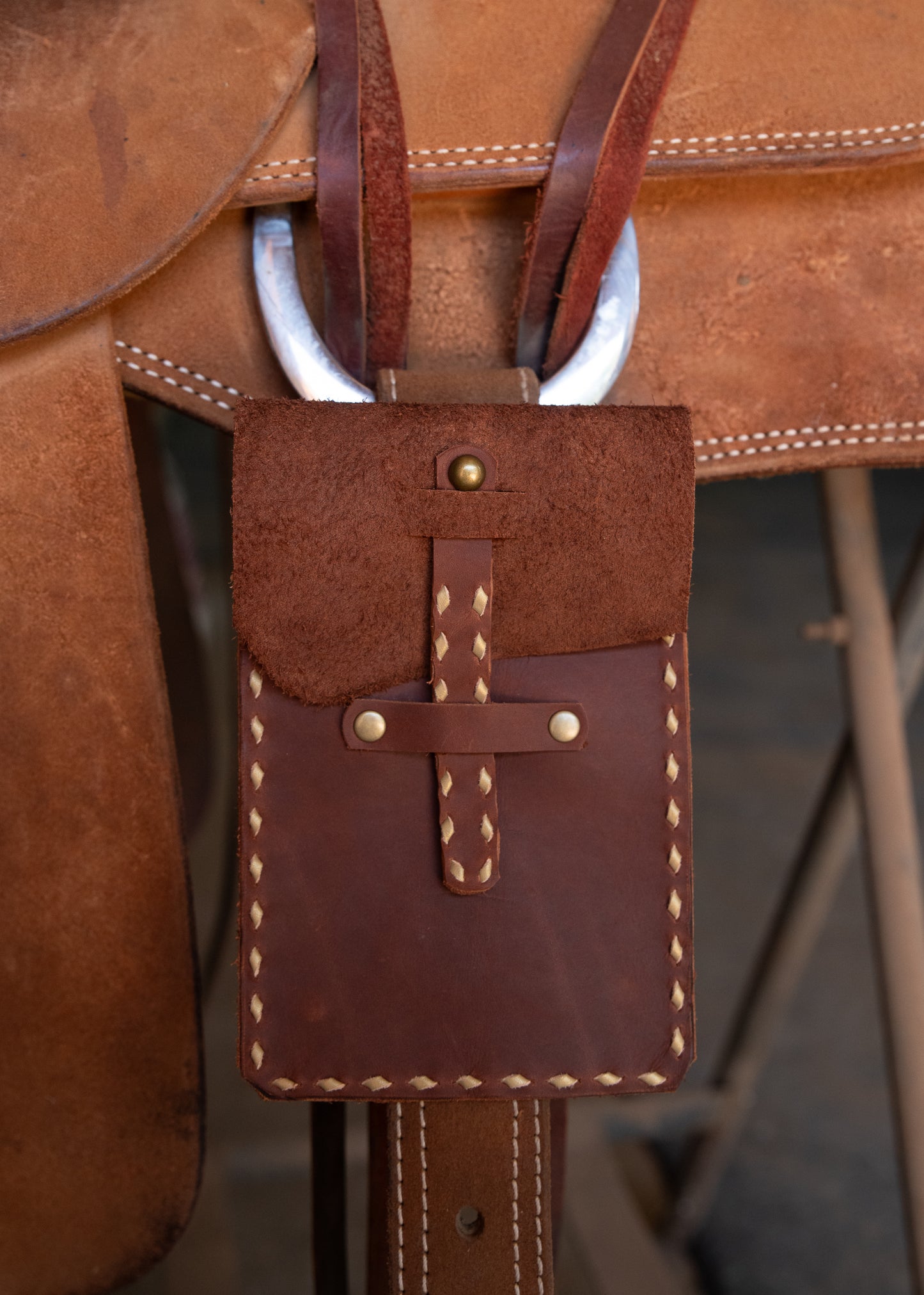 Saddle Phone Holder - Dark Brown with Gold Buckstitch